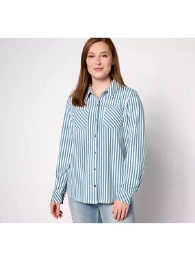 Denim & Co. Top Button Front Shirt sz S Striped Heavenly Jersey Blue A635975